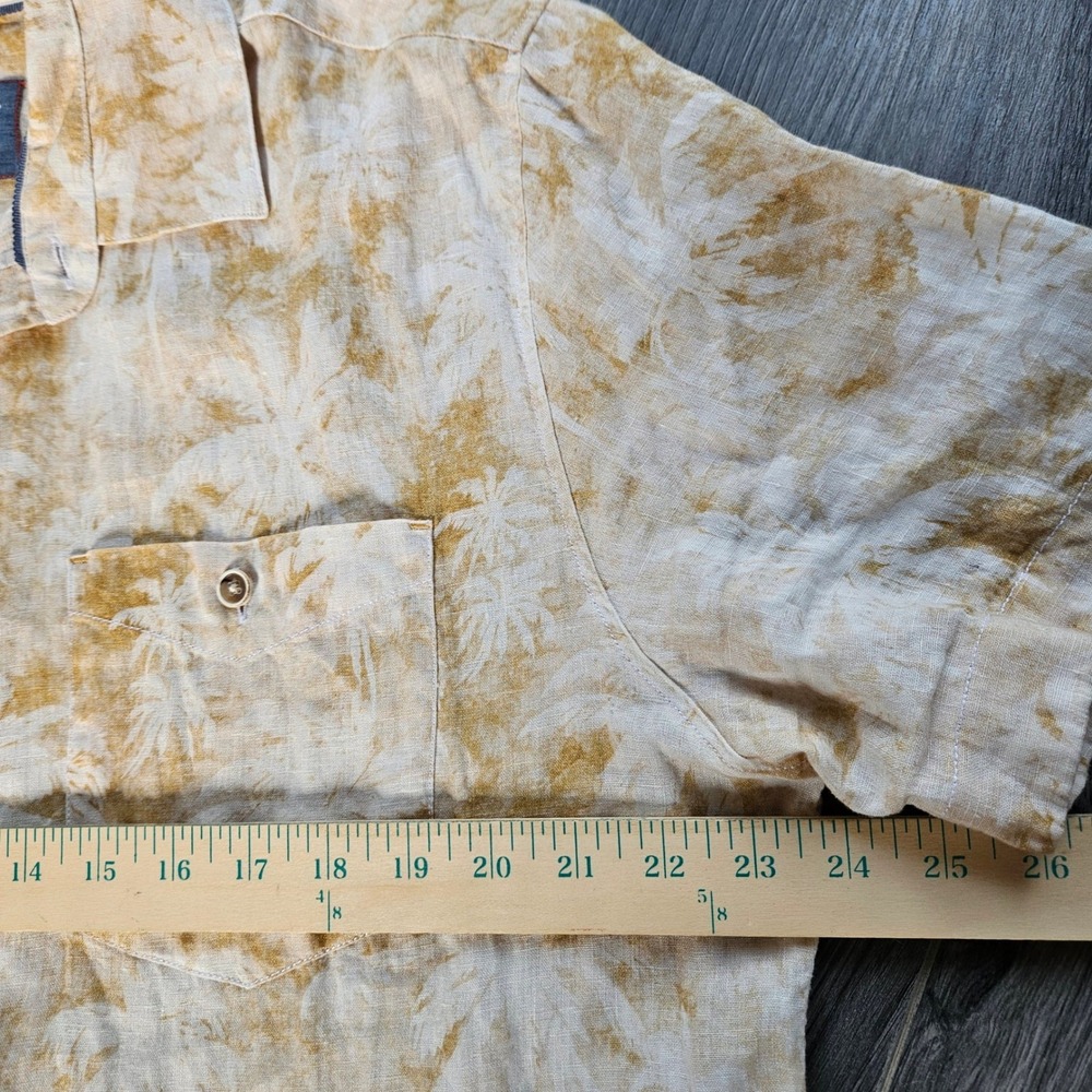 32 Bar Blues Mens Short Sleeve Linen Palm Print Button Down Shirt Tan Cream L - Picture 10 of 10